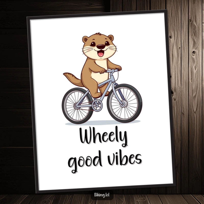 Funny otter art print of a happy otter furiously pedaling a bicycle with oversized wheels, a whimsical and funny gift for wall decor.