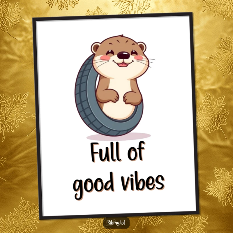 Funny otter poster, depicting a curious otter enthusiastically pumping a tire with a cheerful grin, full of effort.