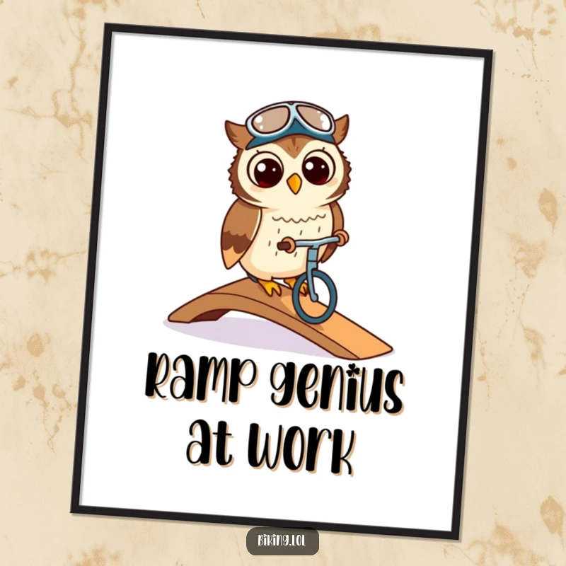 Funny owl wearing a cycling cap, elegantly riding a ramp on a bicycle, displayed as a wall art poster, full of class.