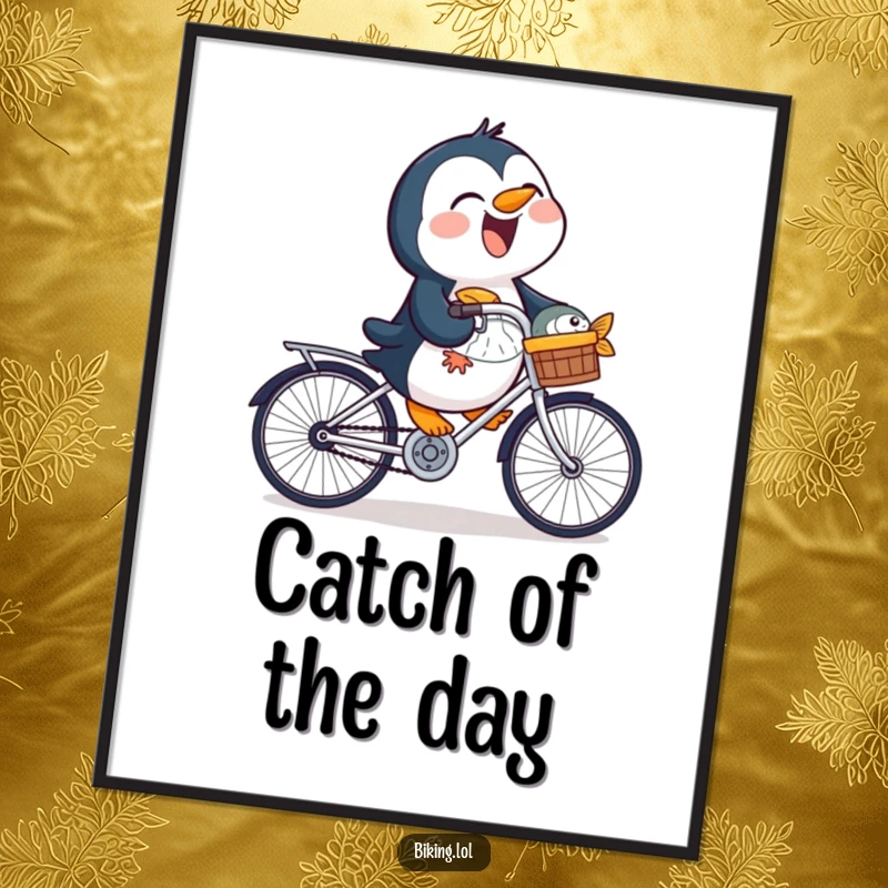 Funny penguin poster featuring a laughing bird on a bicycle with a fish in its basket, a joyful and humorous artwork.