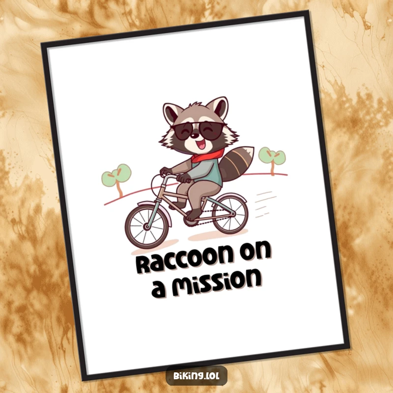 Funny raccoon poster, a jolly raccoon speeding down a hill on a tiny tandem bike, whimsical and humorous.