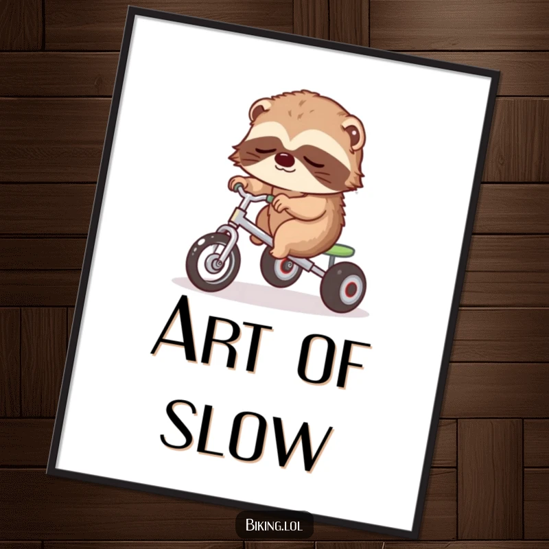 Funny poster of a sleepy sloth slowly pedaling a tricycle, promoting a relaxed lifestyle.