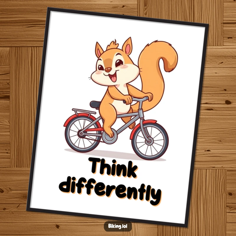 Funny poster of a giggling squirrel riding a bicycle backwards with a mischievous look, full of humor.