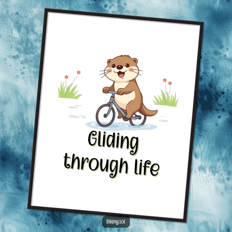 Funny poster showing a joyful otter on a tiny bicycle gliding down a river, cheerful art.