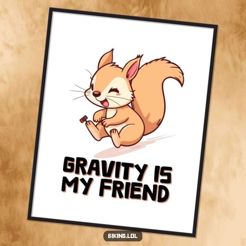 Funny poster of a playful squirrel cycling downhill rapidly, wind blowing through its fur, energetic.