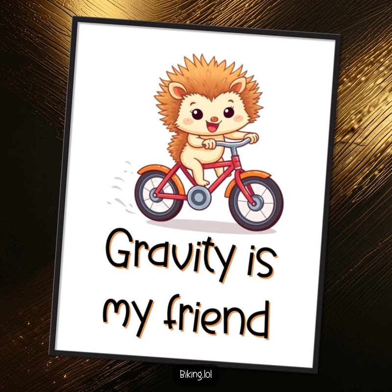 Funny poster of a tiny hedgehog riding a red bicycle downhill with windblown ears, vibrant and humorous.