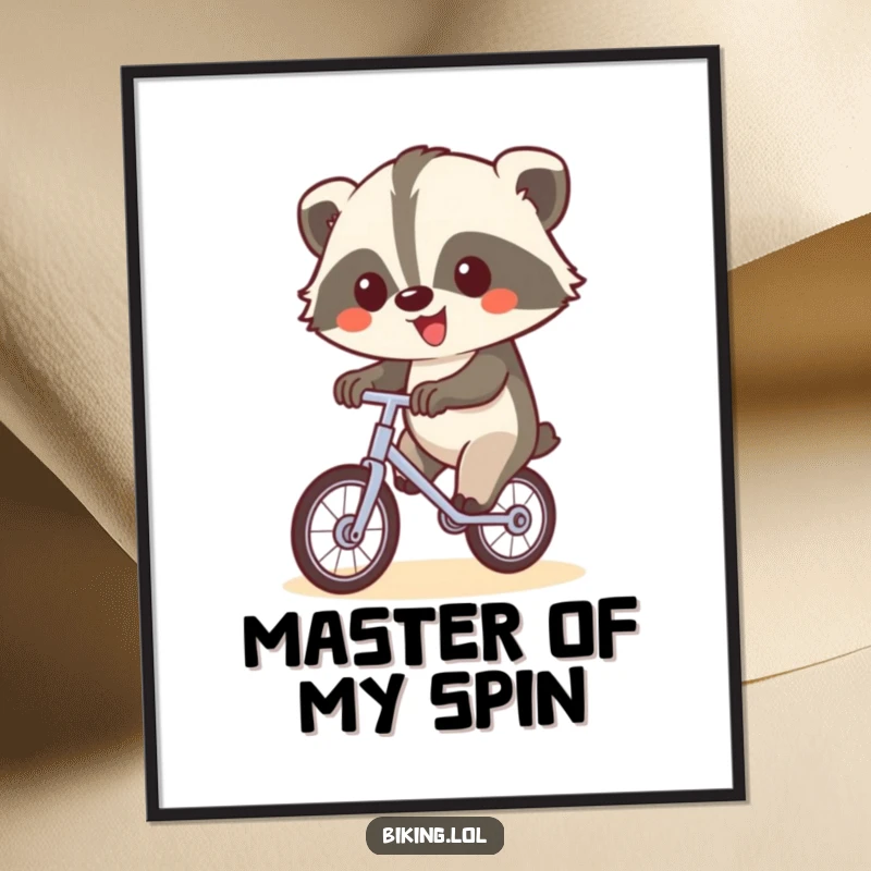 Funny poster of a happy badger balancing on a unicycle and waving, adding humor to any wall.