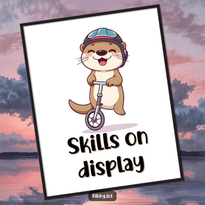 Funny otter poster of a happy otter in a helmet, balancing on a unicycle and juggling, vibrant and humorous wall art.