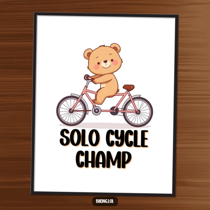 Funny poster artwork of a smiling bear cub attempting to balance on a tandem bicycle solo.