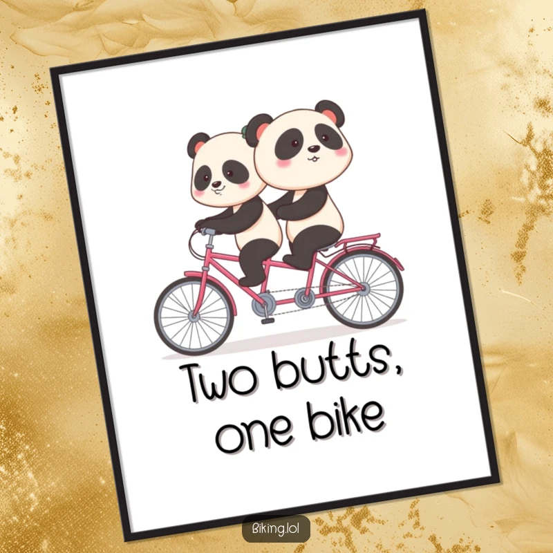 Funny panda poster depicting a shy panda awkwardly pedaling backward on a tandem bicycle, whimsical wall art for humor enthusiasts.