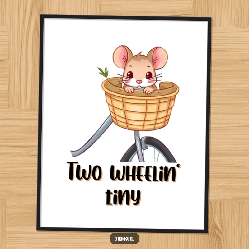 Funny curious mouse peeking from a bicycle basket, a whimsical poster art print that brings humor and charm to your wall.