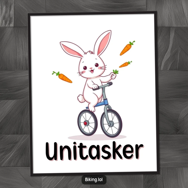 Funny rabbit balancing on a unicycle, actively juggling carrots, presented as vibrant, humorous wall art.