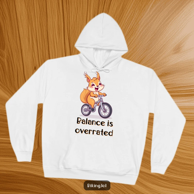 Funny squirrel hoodie, showing a cheerful squirrel with windblown fur pedaling a unicycle, radiating happiness.