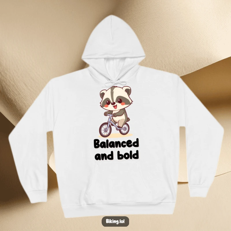 Funny hoodie with a happy badger on a unicycle, waving, soft and humorous, a great funny gift.