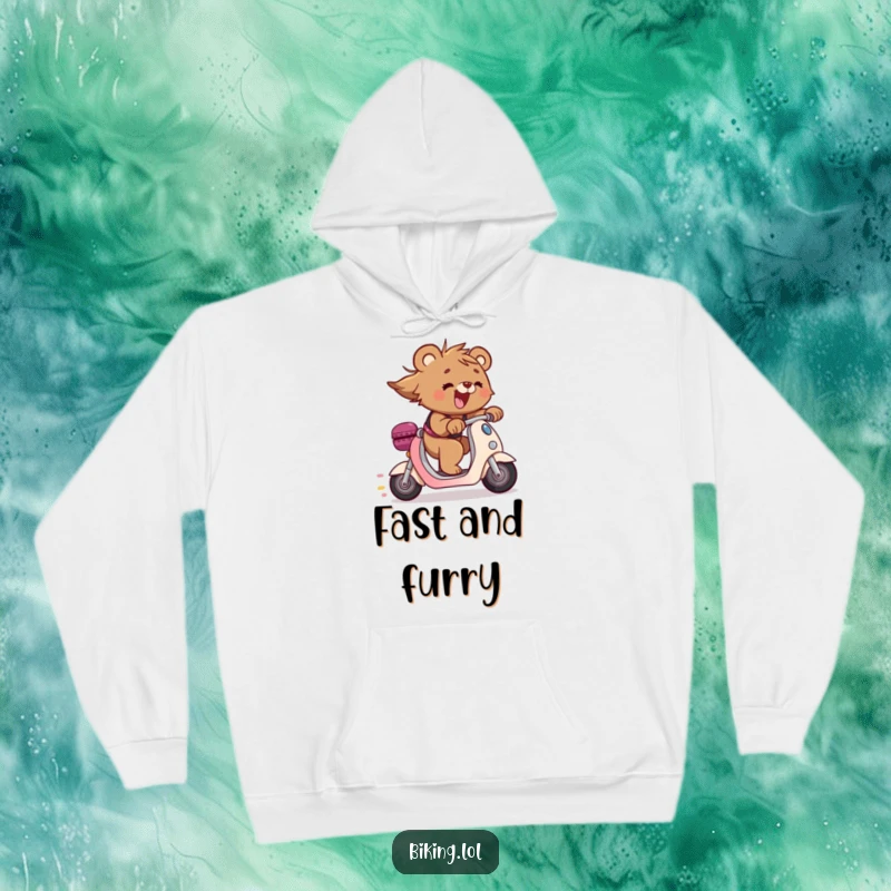 Funny bear cub in a hoodie, zipping downhill on a scooter, hair flying, a warm and funny gift for adventurous souls.
