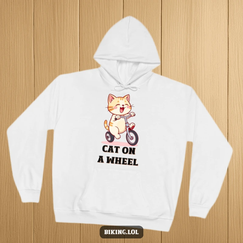 Funny hoodie featuring a smiling cat energetically pedaling a unicycle, humorously representing agility and a spirited approach to life.