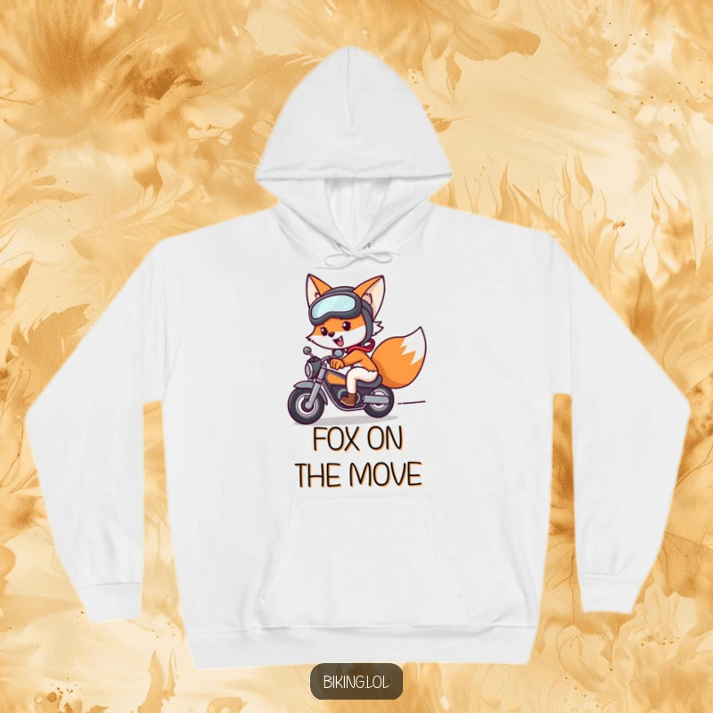 Funny fox wearing a hoodie, helmet, and goggles, speeding on a bike, a warm and humorous funny gift.
