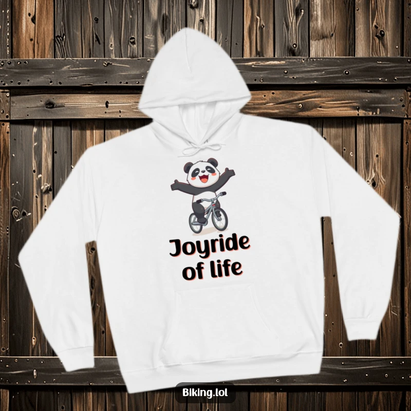 Funny panda bicycle hoodie, a cozy sweatshirt showing a joyous panda riding a tiny bicycle downhill with its arms open wide.