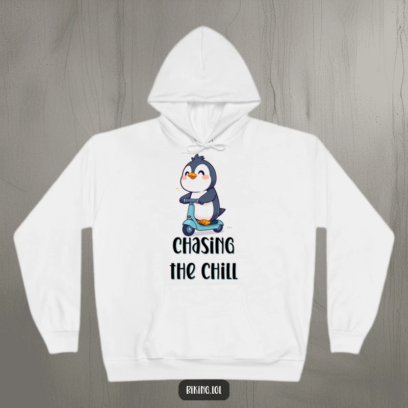 Funny Penguin Hoodie: An excited penguin rides a scooter with determination, offering cozy comfort and a fun vibe.