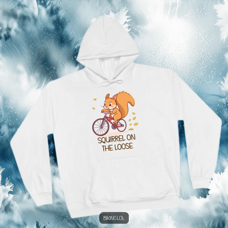 Funny hoodie showing a determined squirrel comically speeding on a bicycle, with leaves flying off in a blur of motion.