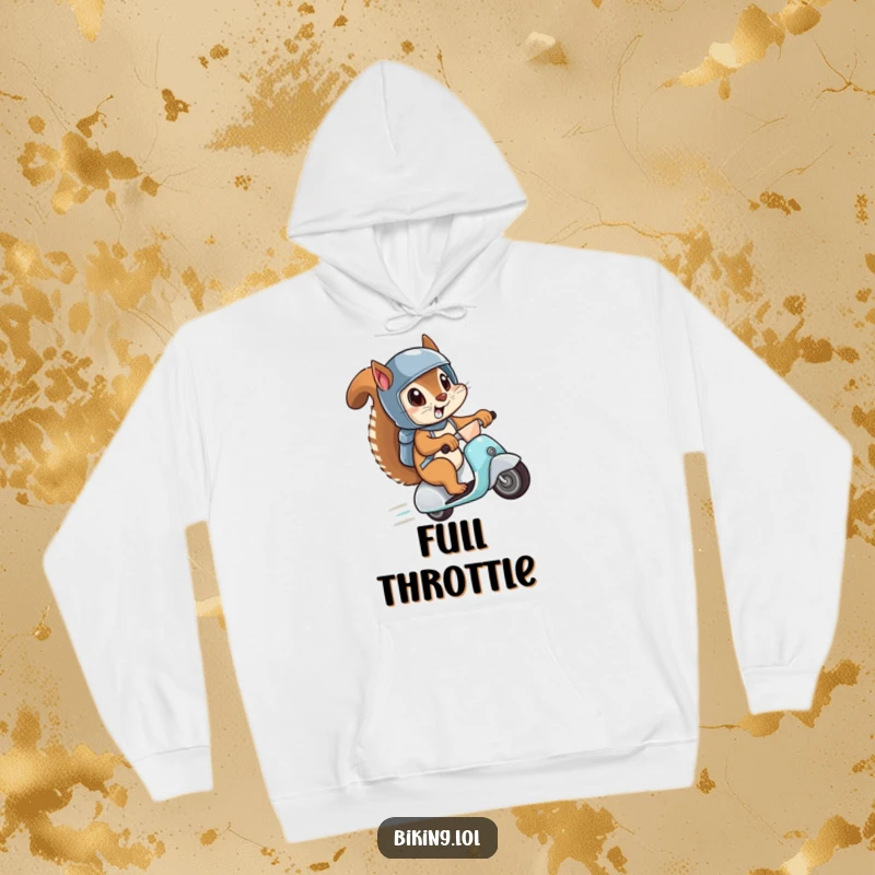 Funny hoodie depicting a squirrel with a helmet, eyes wide in excitement, speeding downhill on a scooter, radiating energy and amusement.