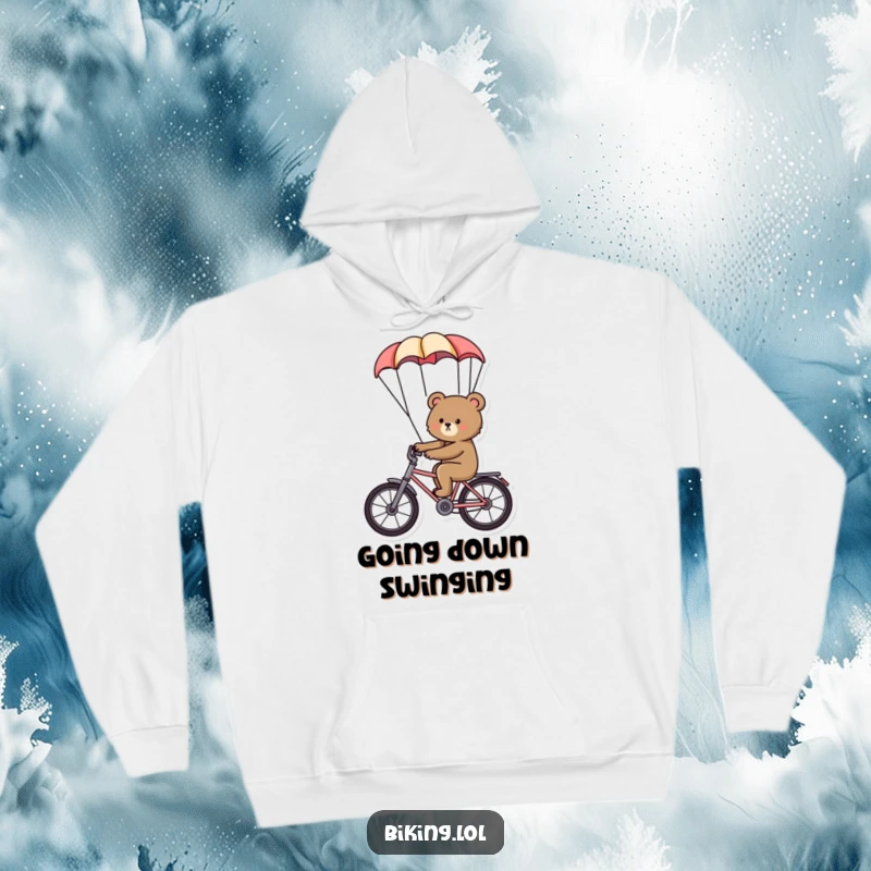 Funny bear hoodie, a determined bear on a bike with a parachute, cozy, adventurous, and humorous apparel.