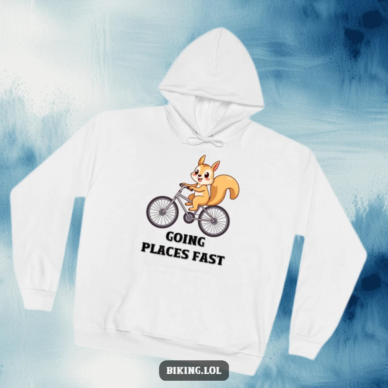 Funny playful squirrel riding a bicycle with large wheels and a big smile, a cozy and humorous hoodie.