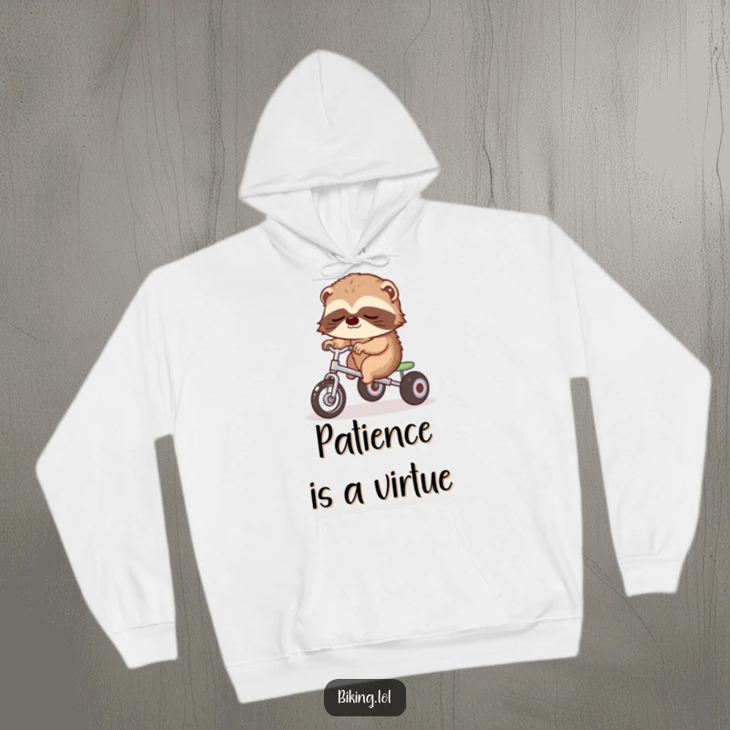 Funny hoodie featuring a sleepy sloth slowly pedaling a tricycle, cozy and relaxed.