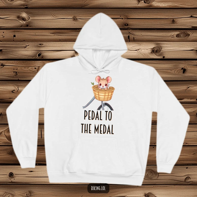 Funny curious mouse peeking from a bicycle basket, a cozy hoodie design full of charm and humor, ideal for chilly days.