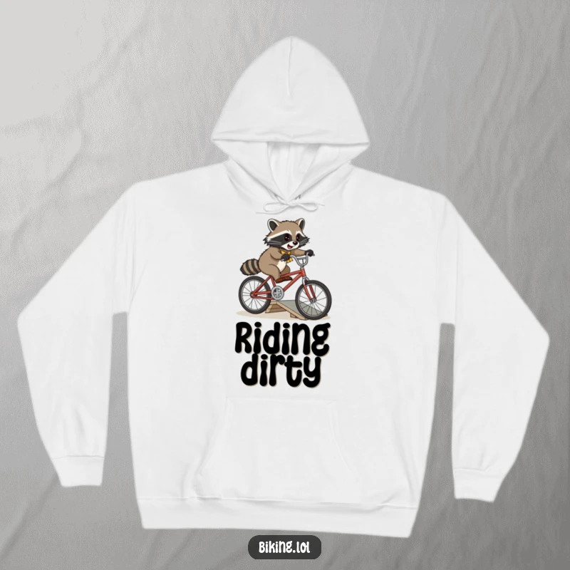 Funny playful raccoon attempting a jump over a small ramp on a vintage bicycle on a soft hoodie.