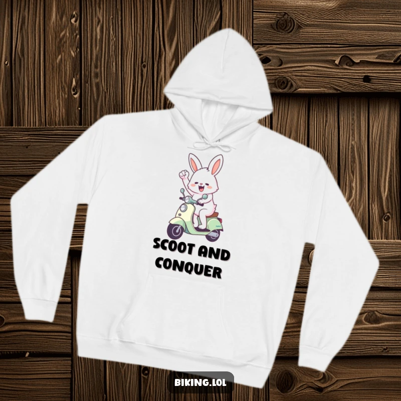 Funny bunny hoodie featuring an enthusiastic bunny pumping its fist while riding a scooter, offering comfort and a motivational vibe.