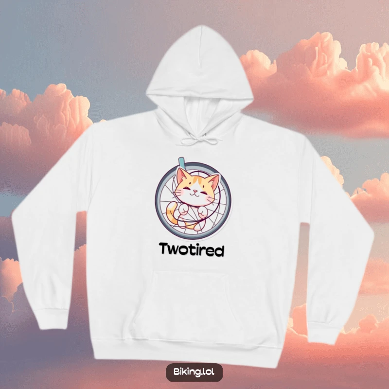 Funny hoodie with a cat looking bewildered yet happy, tangled in bicycle spokes, a cozy and amusing piece for cat lovers.