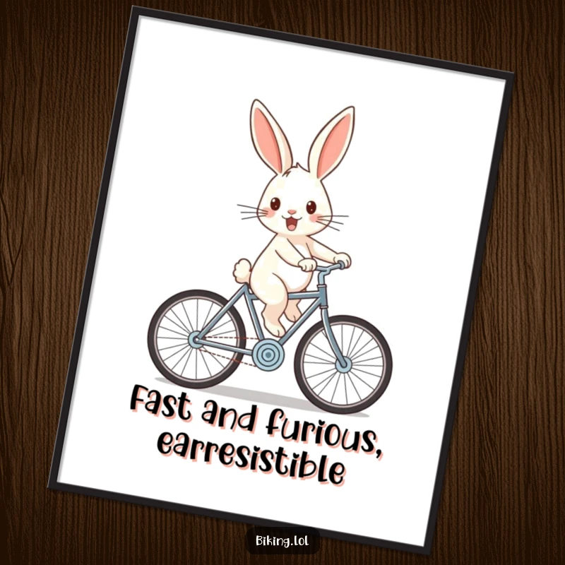 Funny Free Printable Wall Art: Cheerful rabbit zooming downhill on a bicycle with wind-swept ears, a humorous piece of downloadable art.