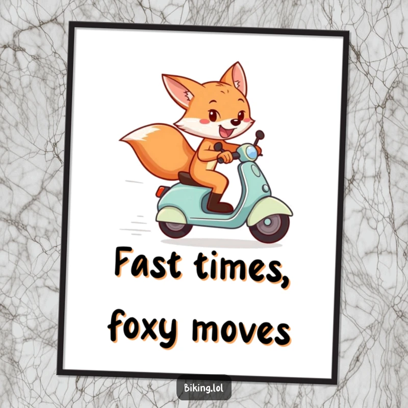 Funny Free Printable Wall Art: Playful fox zooming past a finish line on a scooter, wearing a large, joyful grin.