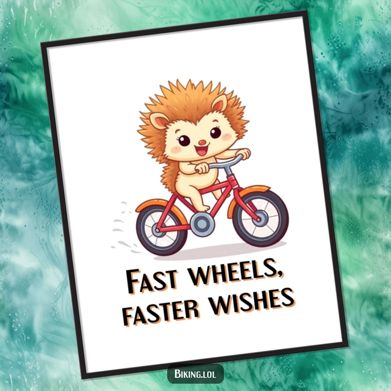 Funny Free Printable Wall Art: Tiny hedgehog expertly riding a bicycle downhill with windblown ears, capturing pure speed and joy.