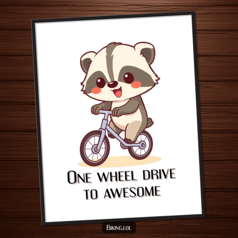 Funny Free Printable Wall Art: Happy badger performing a unicycle trick, waving with one paw, bringing playful circus energy.