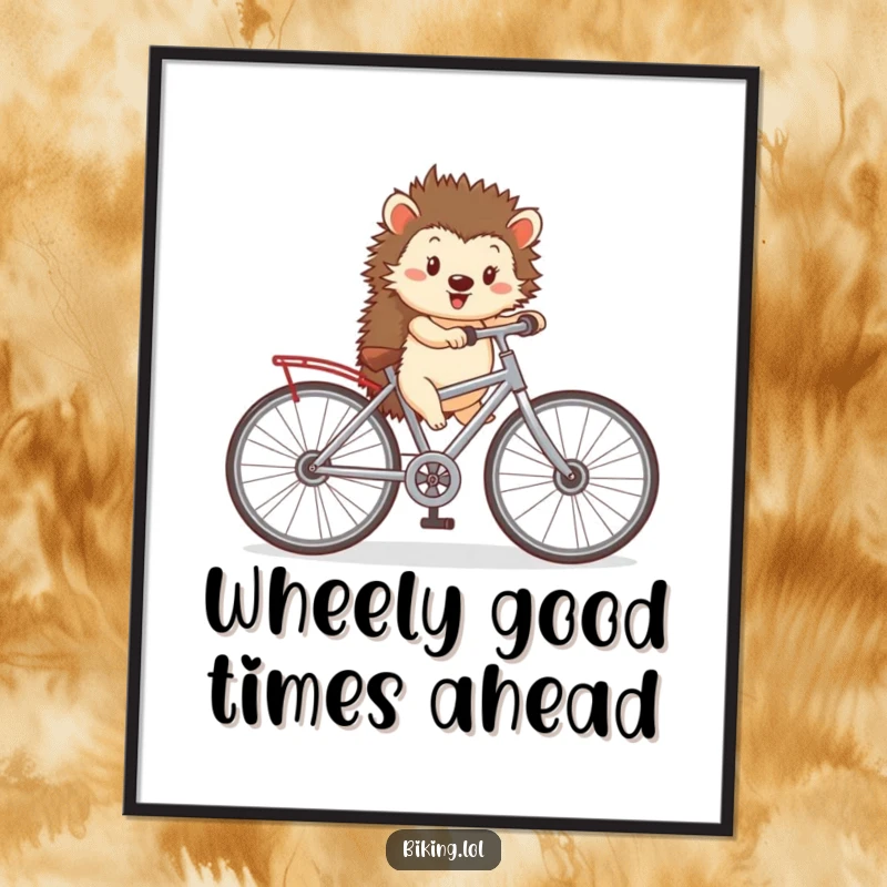 Funny Free Printable Wall Art: Happy hedgehog joyfully pedaling a small bicycle with comically oversized wheels, radiating fun.