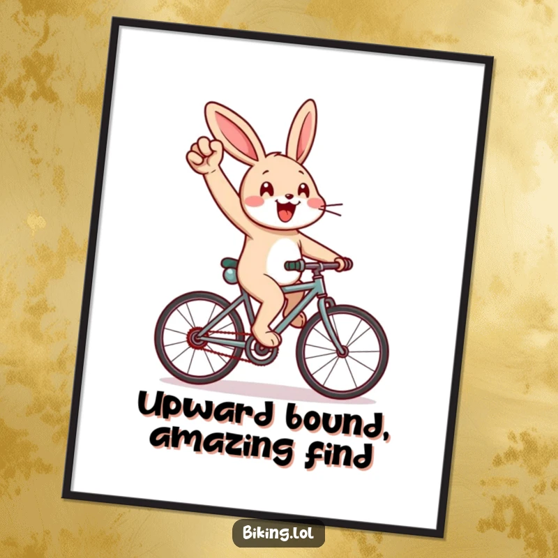 Funny Free Printable Wall Art: Cheerful rabbit pumping its arm intensely while cycling uphill on a bicycle with great determination.