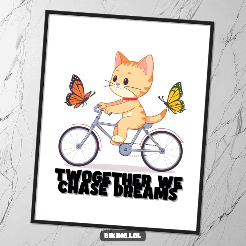 Funny Free Printable Wall Art: Determined cat intently pursuing a butterfly while riding a tandem bicycle, capturing a moment of focused fun.
