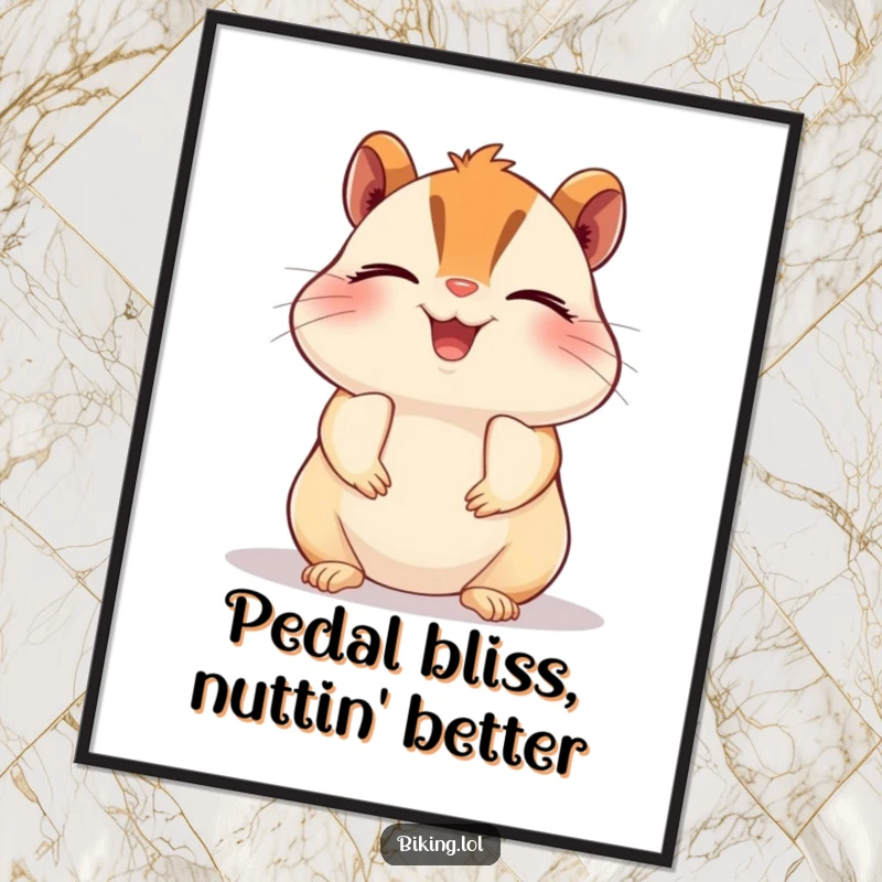 Funny free printable wall art of a beaming chipmunk joyfully pedaling a bike with eyes closed, embodying pure bliss.