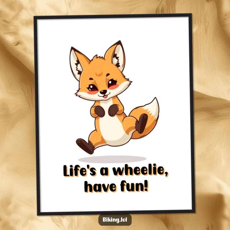 Funny Free Printable Wall Art: Confident young fox cub showcasing a spectacular wheelie on a bike with impressive skill and style.