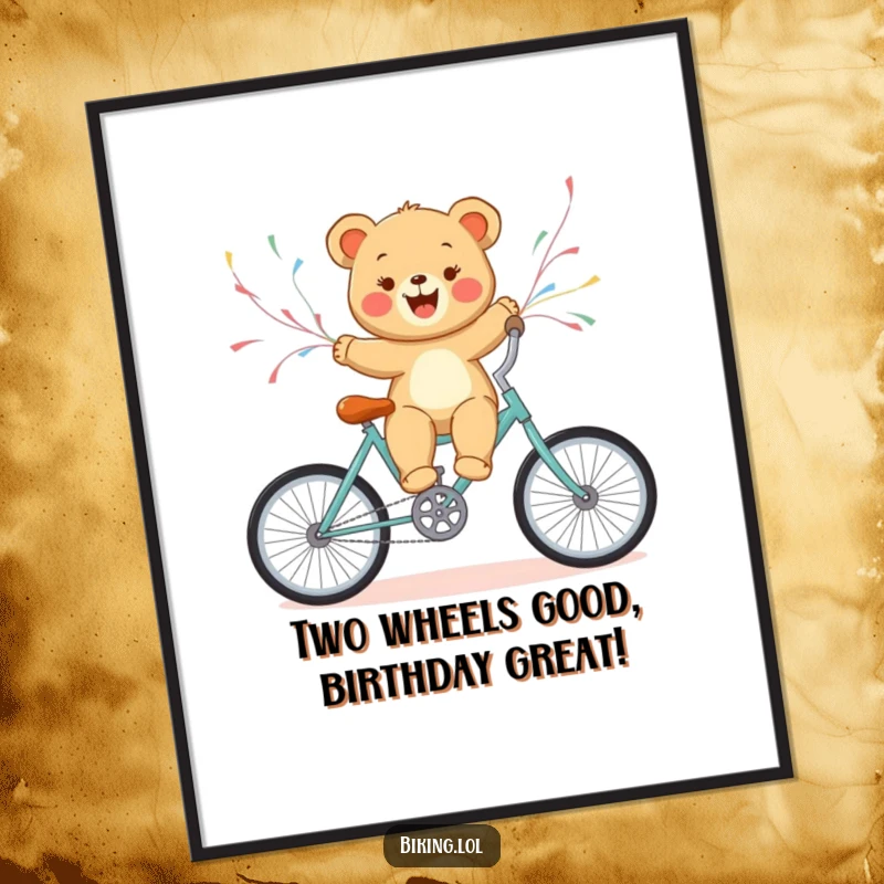 Funny Free Printable Wall Art: A delighted bear cub rides a bicycle with streamers flying, bringing playful energy.
