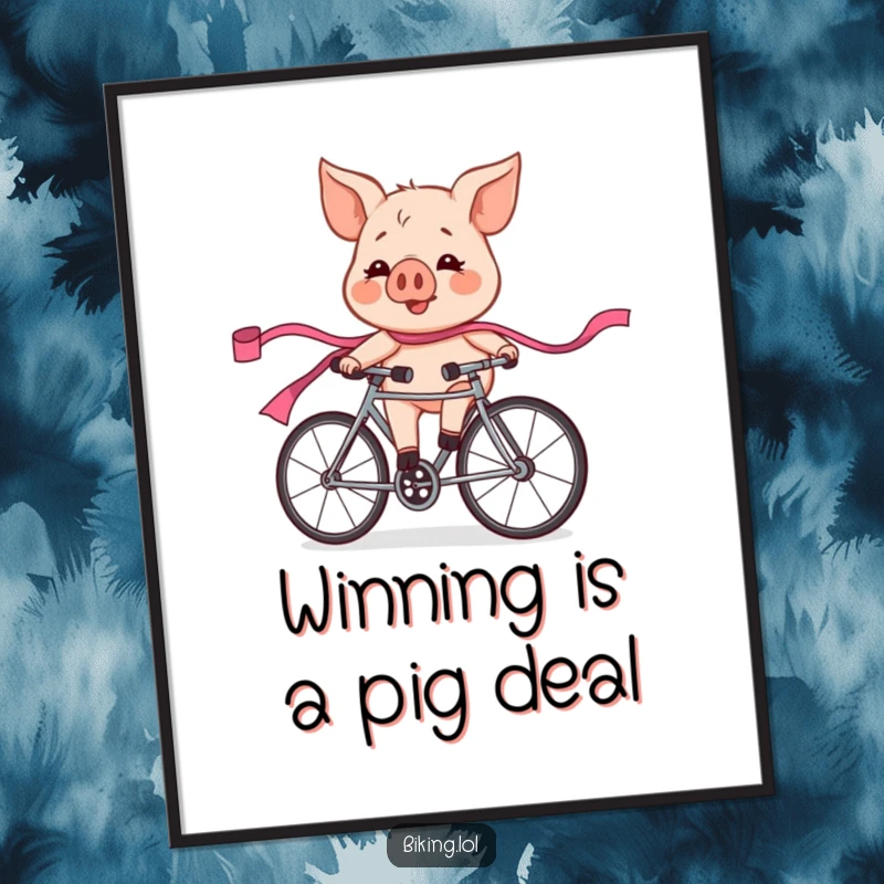Funny Free Printable Wall Art: An exhilarated pig races a bicycle, a pink ribbon streaming behind its triumphant finish.