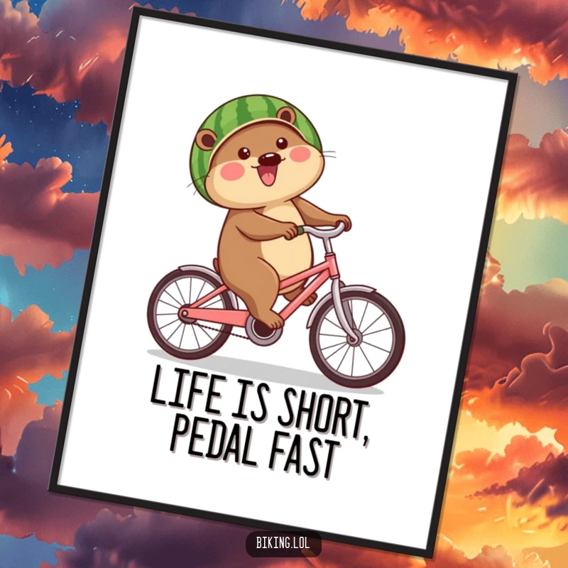 Funny Free Printable Wall Art: Beaver joyfully biking with a watermelon helmet, whimsical downloadable decor.