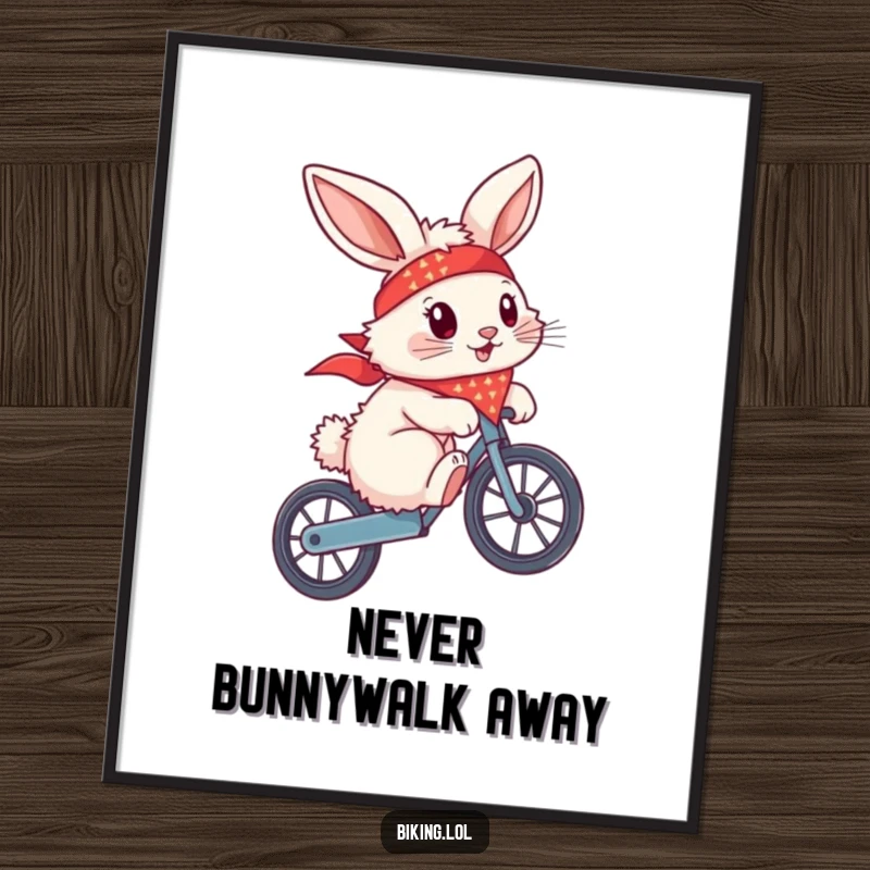 Funny free printable wall art, a fluffy bunny with a bandana flying, attempting a wheelie on a bike, showing off skills.