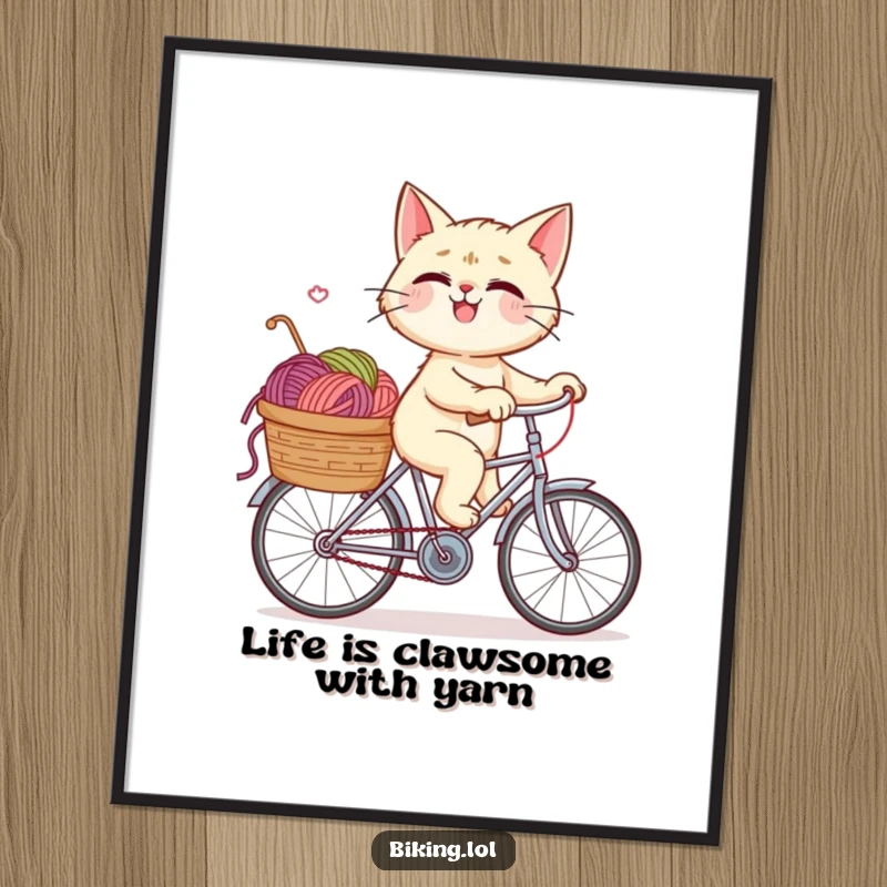 Funny Free Printable Wall Art: A giggling cat joyfully rides a bicycle, basket brimming with colorful yarn, perfect for a playful room.