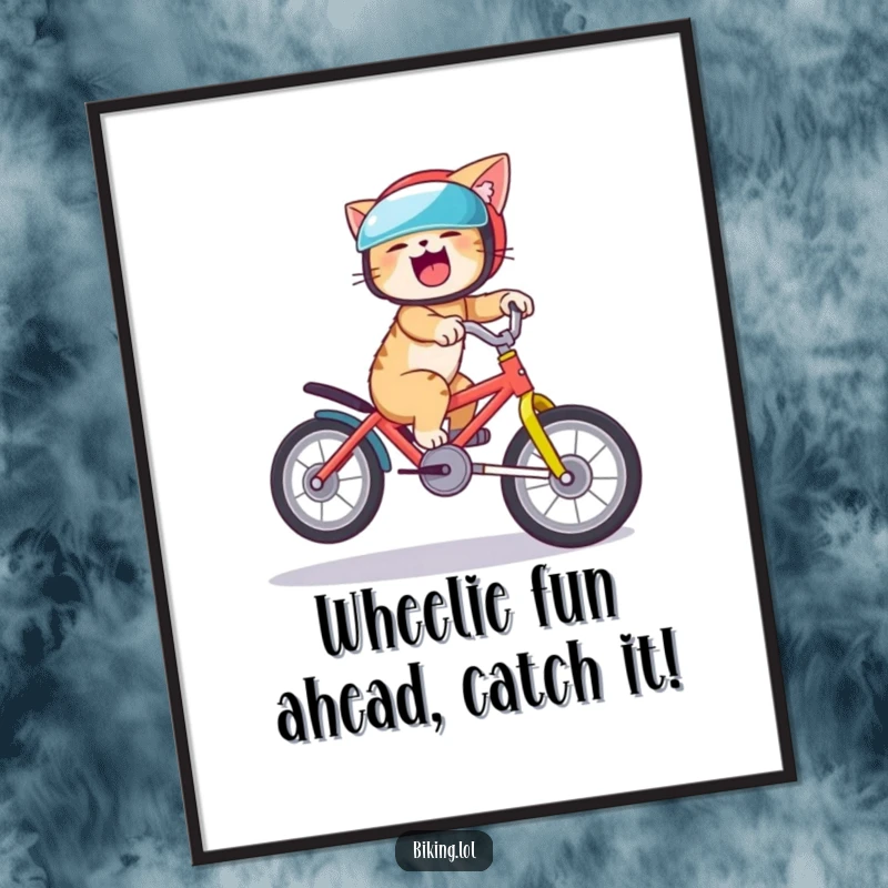 Funny Free Printable Wall Art: A helmeted cat joyfully attempts a wheelie on a bike, radiating pure, unadulterated fun.