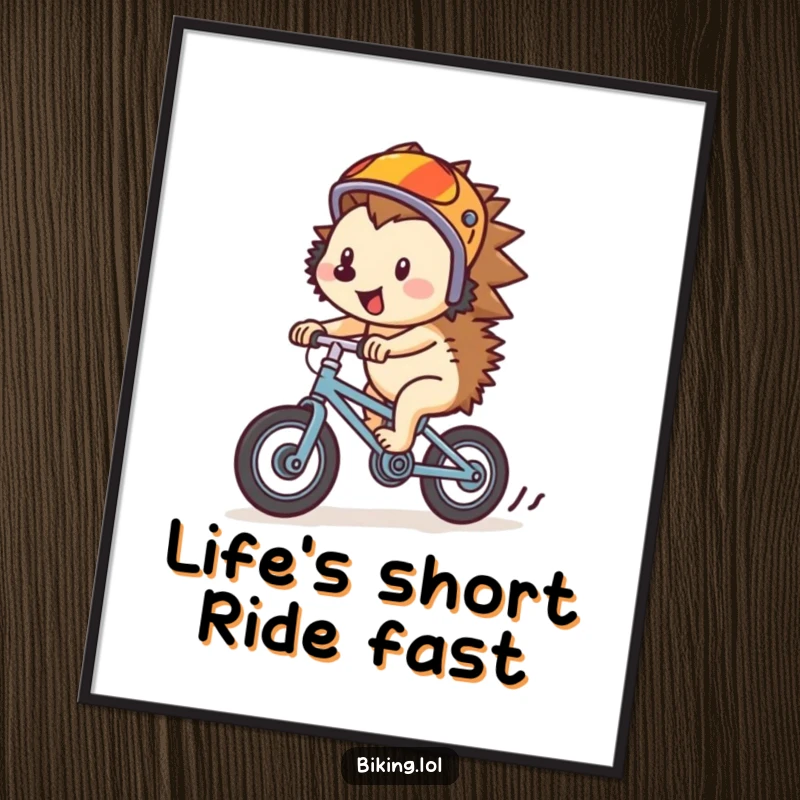 Funny free printable wall art, a cheerful hedgehog in a helmet, speeding downhill on a tiny bike, bringing action and humor.