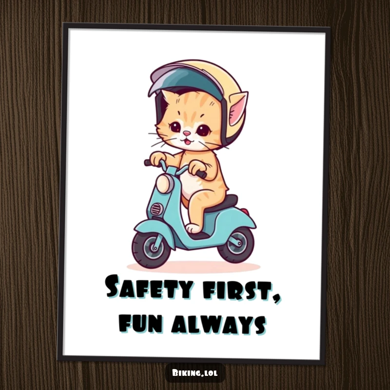 Funny Free Printable Wall Art: Wobbly kitten on scooter with comically large helmet, looking determined but unsteady.