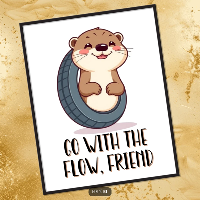Funny Free Printable Wall Art: A curious otter with a cheerful grin, enthusiastically pumping a tire, creating a lively scene.